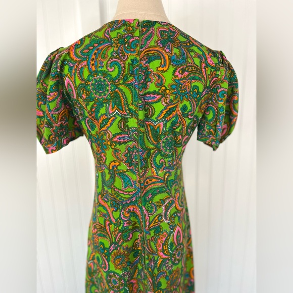 Vintage Psychedelic Colorful Paisley Maxi Dress Puff Sleeves Medium Bright Green - Picture 10 of 14